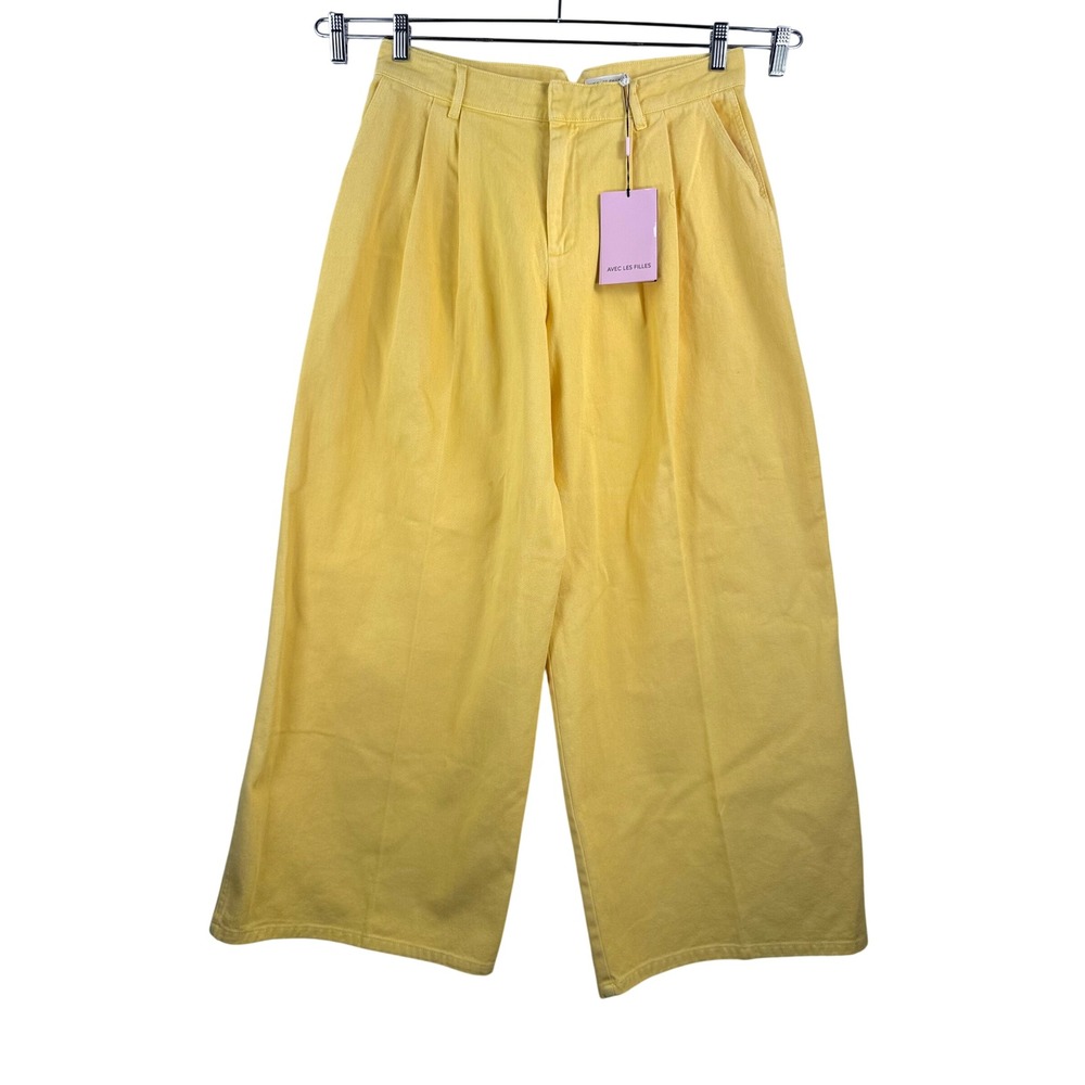 Avec Les Filles Wide Leg Pants 30 Yellow Denim Pleated High Rise money